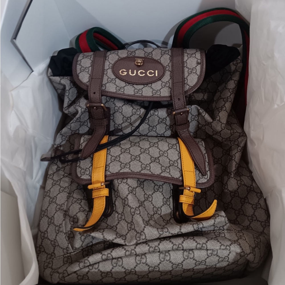 Gucci Monogram Gray and Yellow Backpack